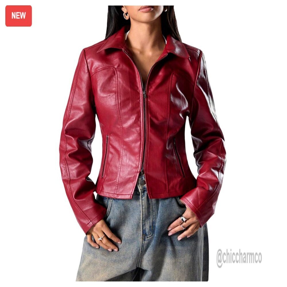 Cropped Faux Leather Jacket Long Sleeve Zip Up Biker Motorcycle Coat